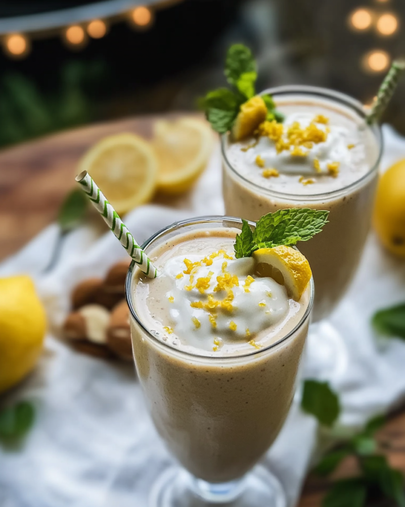 Blending the ingredients for the Lemon Cream Pie Smoothie in a high-speed blender.