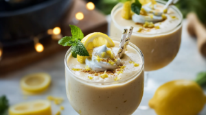 A creamy, light yellow Lemon Cream Pie Smoothie in a glass, topped with lemon zest and maybe coconut whip.