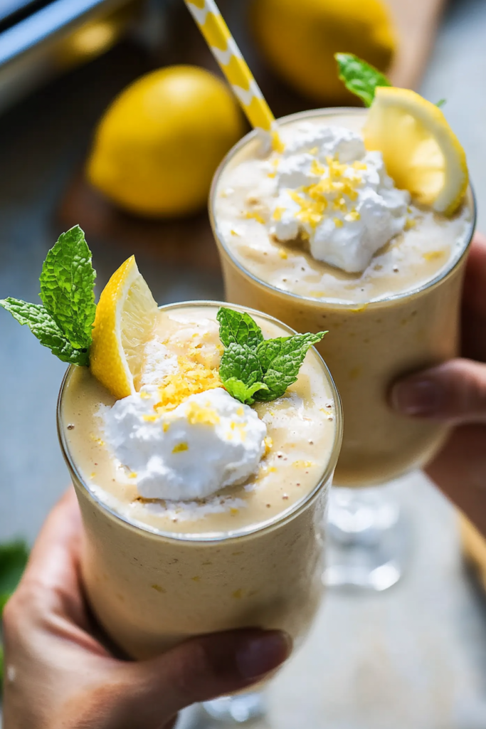 The finished Lemon Cream Pie Smoothie poured into a glass, looking thick and creamy, ready to drink.