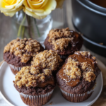 A basket or plate full of freshly baked Nutella Pumpkin Muffins with crumb topping.