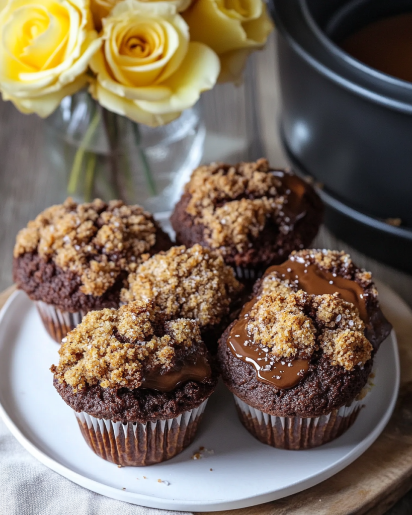 A basket or plate full of freshly baked Nutella Pumpkin Muffins with crumb topping.