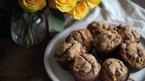 Nutella Pumpkin Muffins with a crumb topping, perhaps one cut open to show the Nutella filling.