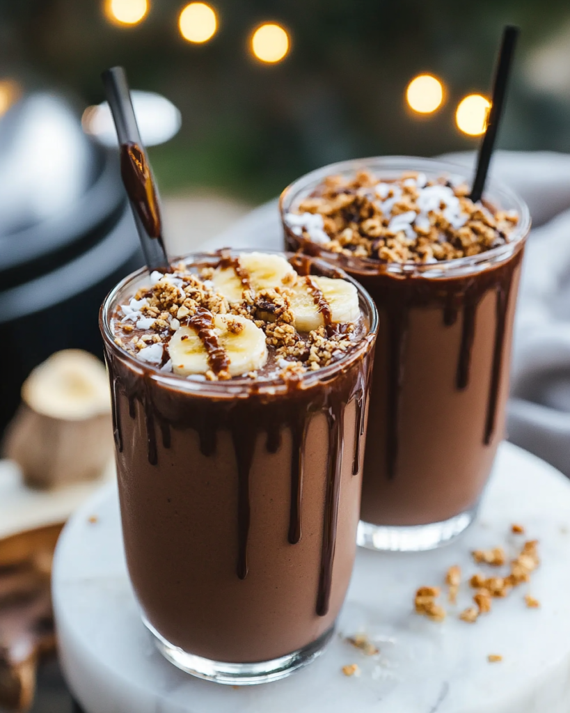 Pouring the Chocolate Coconut Smoothie into a glass that has been drizzled with raw chocolate sauce.