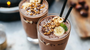 A creamy Chocolate Coconut Smoothie in a glass drizzled with chocolate sauce and topped with coconut flakes.
