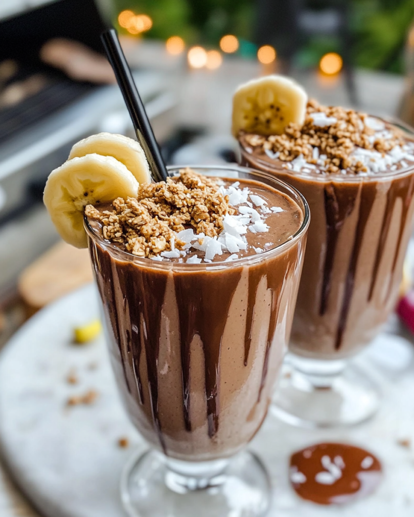 Blending the ingredients for the Chocolate Coconut Smoothie in a high-speed blender.