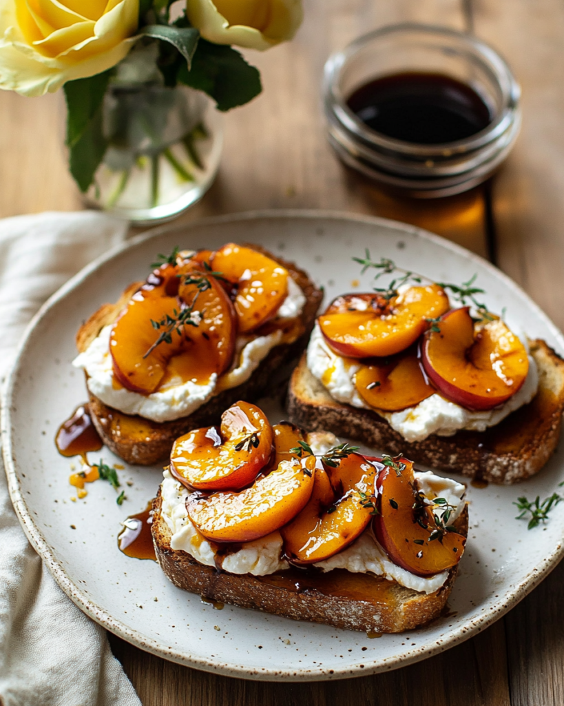 Caramelizing peach slices in a skillet for the Burrata Toast.