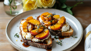 Elegant Burrata Toast topped with creamy burrata, golden caramelized peaches, balsamic glaze, and fresh thyme.
