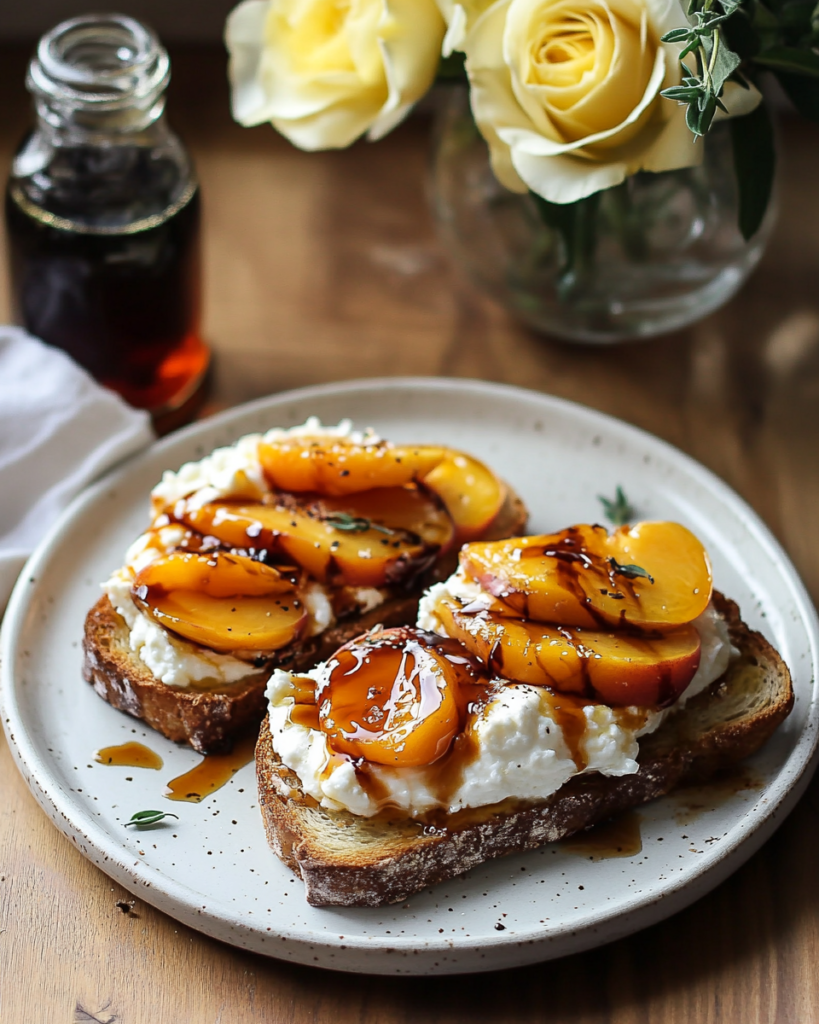 A platter of Burrata Toast with Caramelized Peaches served as an appetizer at a gathering.