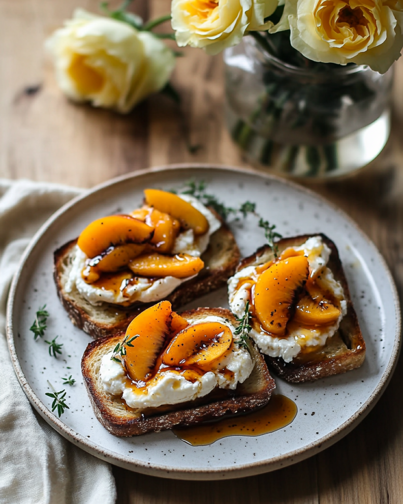 Ingredients for Burrata Toast with Caramelized Peaches, including crusty bread, burrata cheese, fresh peaches, balsamic glaze, and herbs.