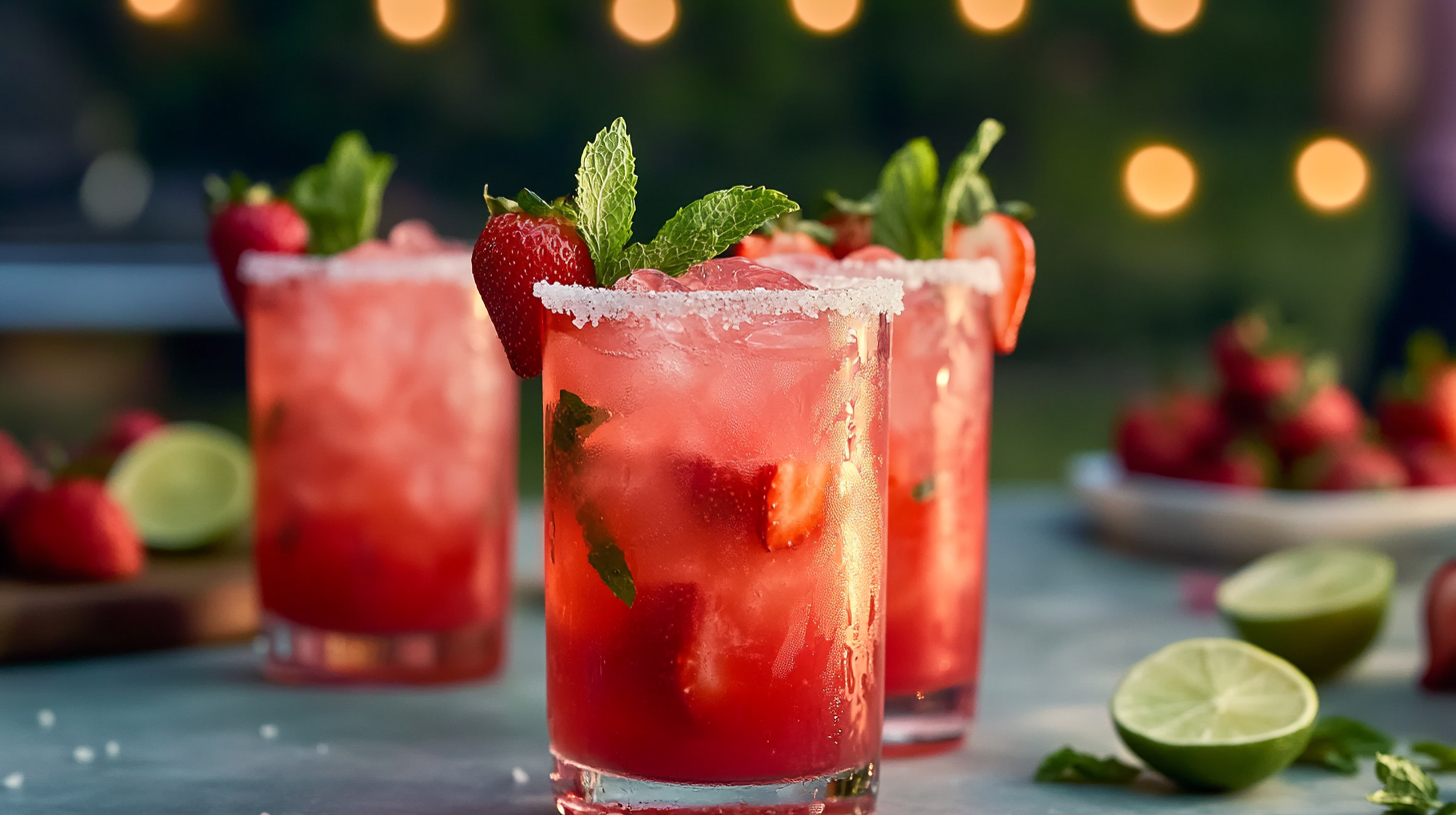 A vibrant pink/red Strawberry Mint Margarita in a salt-rimmed glass, garnished with a strawberry, mint sprig, and lime wedge.