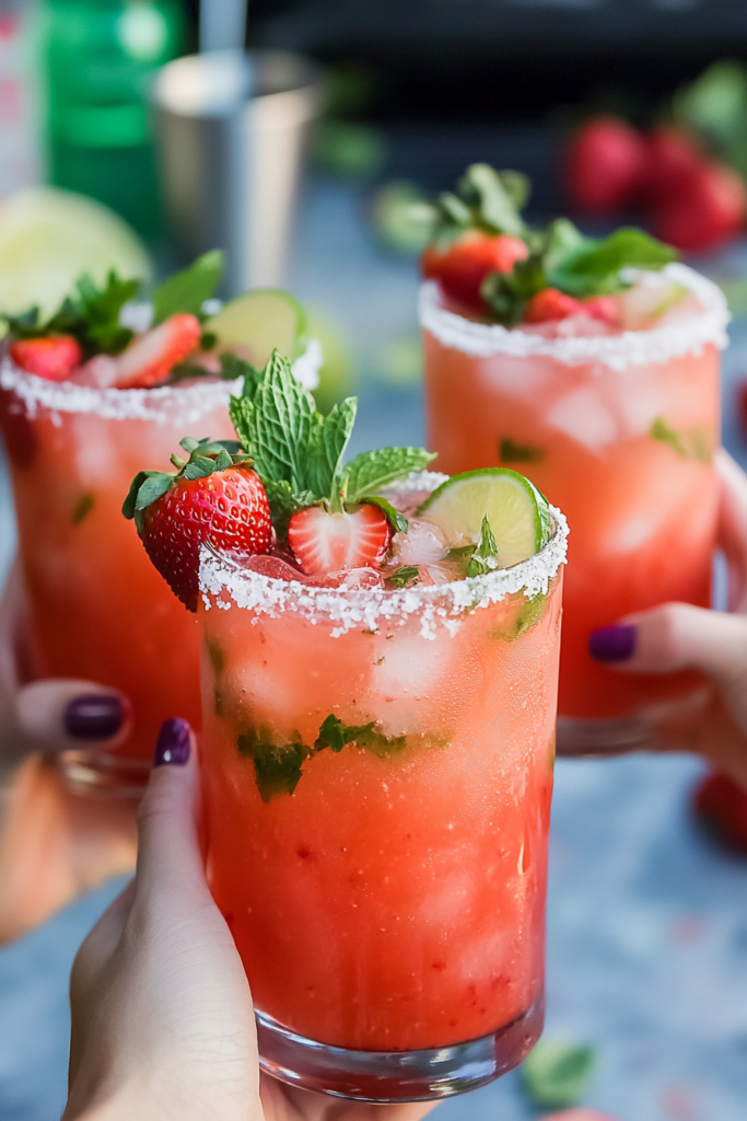 Pouring the strained Strawberry Mint Margarita into a prepared salt-rimmed glass filled with ice.