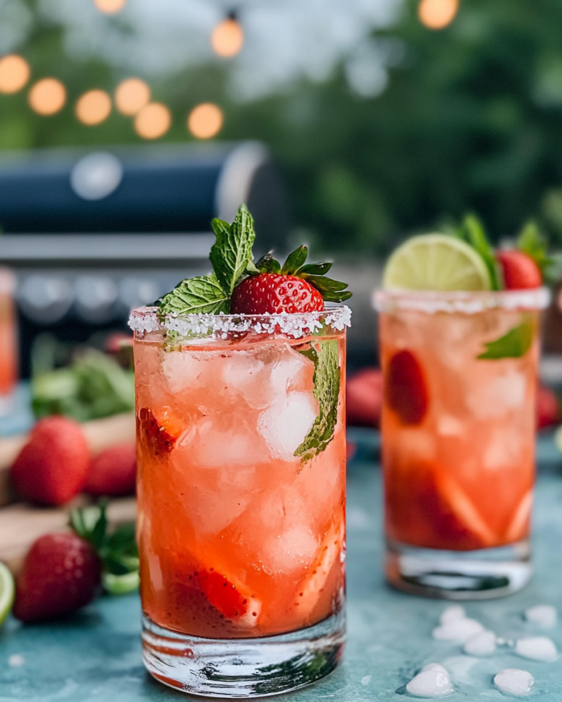 Shaking the Strawberry Mint Margarita ingredients in a cocktail shaker with ice.