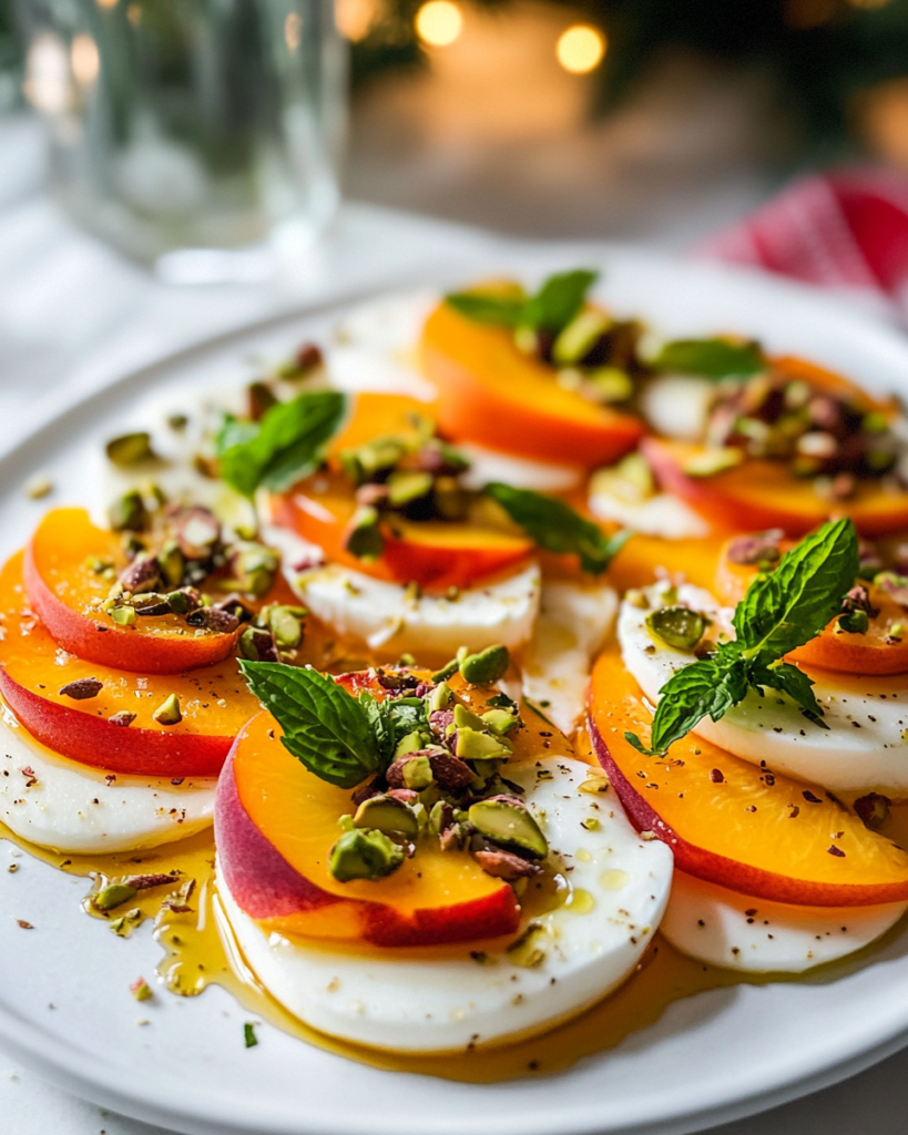 Arranging slices of fresh peaches over sliced mozzarella on a platter for Peach Caprese.