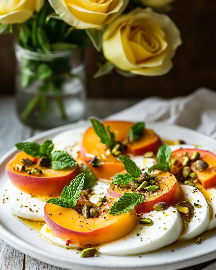 A close-up of the Peach Caprese salad, highlighting the fresh ingredients and colorful presentation.