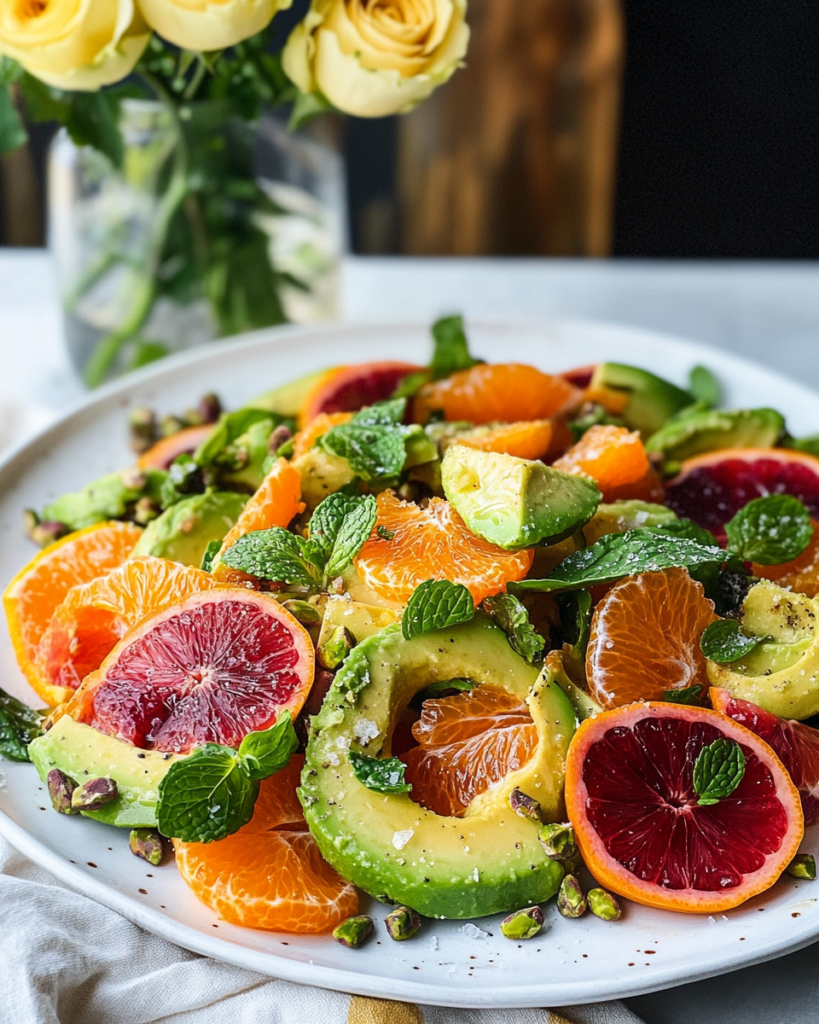 A close-up of the Citrus Avocado Salad, highlighting the fresh ingredients, pistachios, mint, and vinaigrette drizzle.
