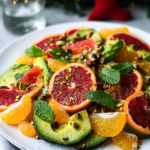 Arranging slices of citrus fruit and avocado artfully on a large platter for Citrus Avocado Salad.