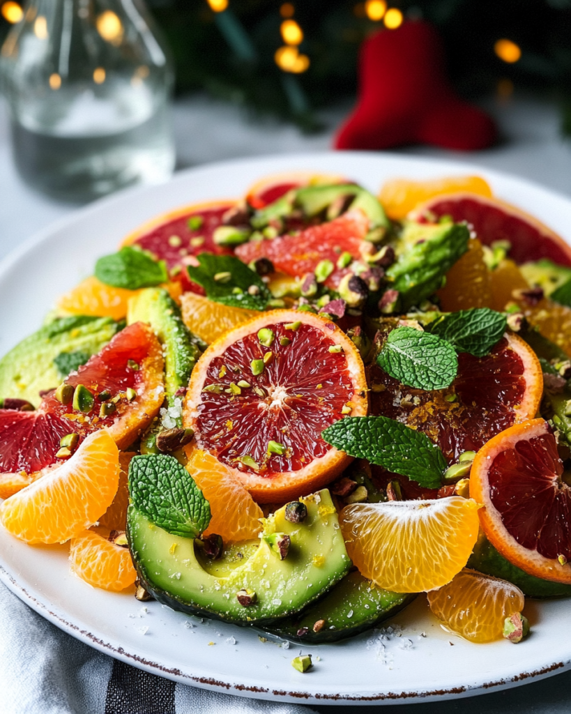 Arranging slices of citrus fruit and avocado artfully on a large platter for Citrus Avocado Salad.