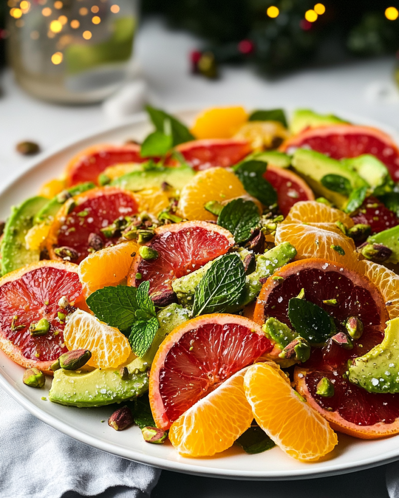  Ingredients for Citrus Avocado Salad, including various types of oranges, grapefruit, avocado, pistachios, mint, and vinaigrette components.