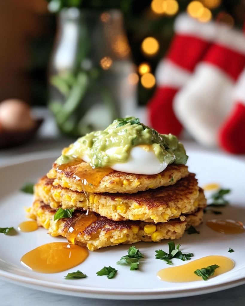 Jalapeño Corn Cakes served on a plate for brunch, garnished with cilantro and avocado slices.