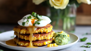 A stack of golden-brown Jalapeño Corn Cakes topped with a poached egg and drizzled with green Avocado Cilantro Sauce.