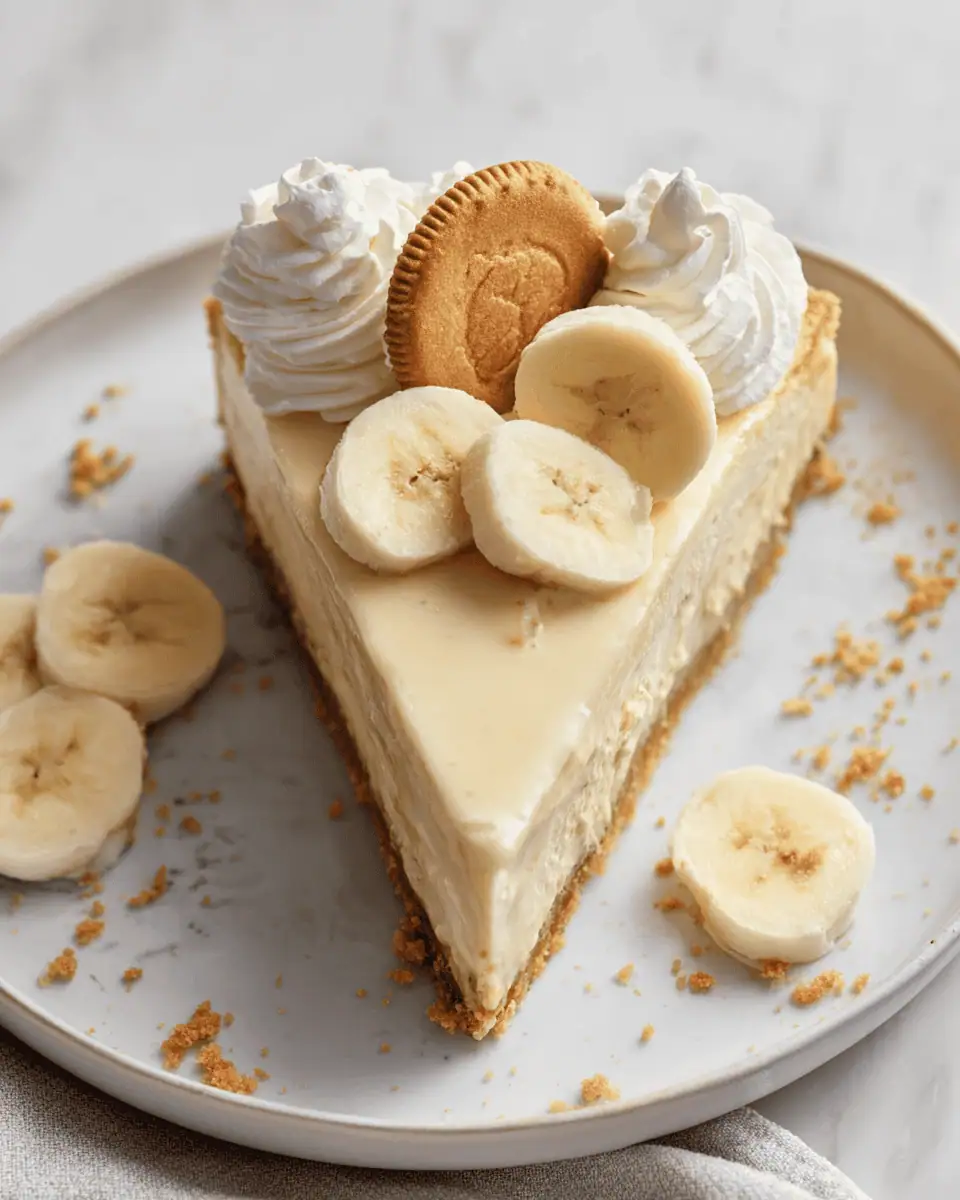 Decadent Banana Pudding Cheesecake (Nilla Wafer Crust!) 3 A single slice of creamy banana pudding cheesecake on a white dessert plate.