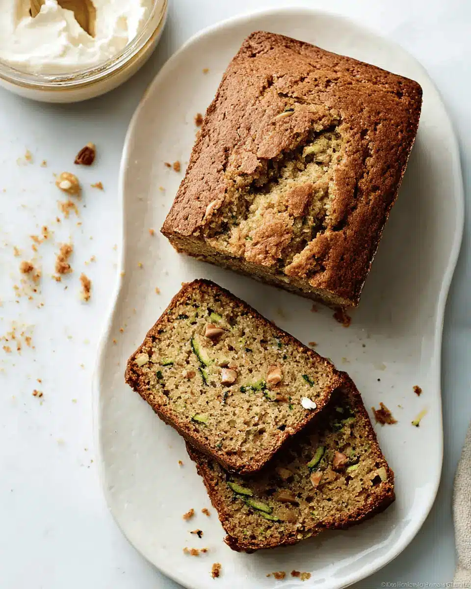 Overhead shot of a sliced zucchini loaf with a few slices spread with butter.