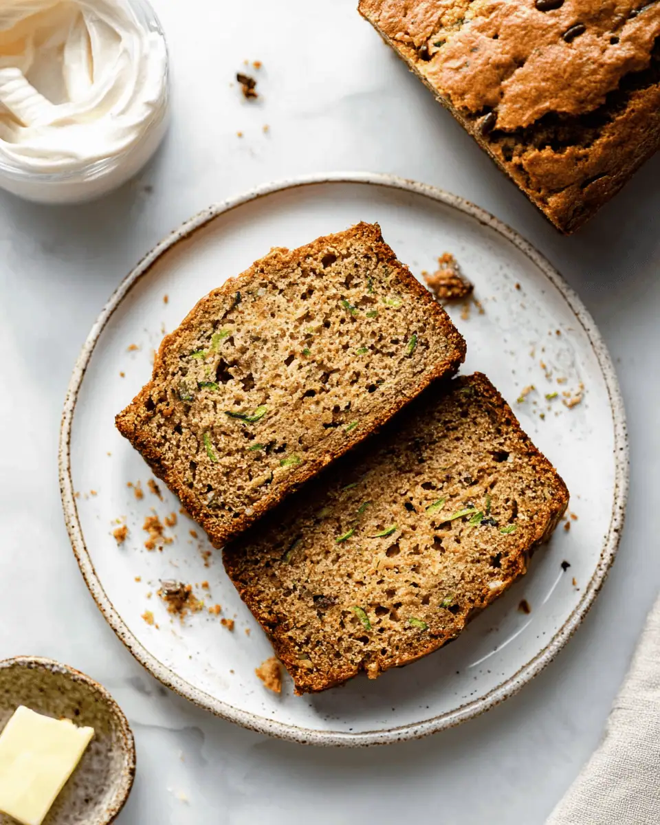 A stack of three delicious zucchini bread slices on a small white plate.