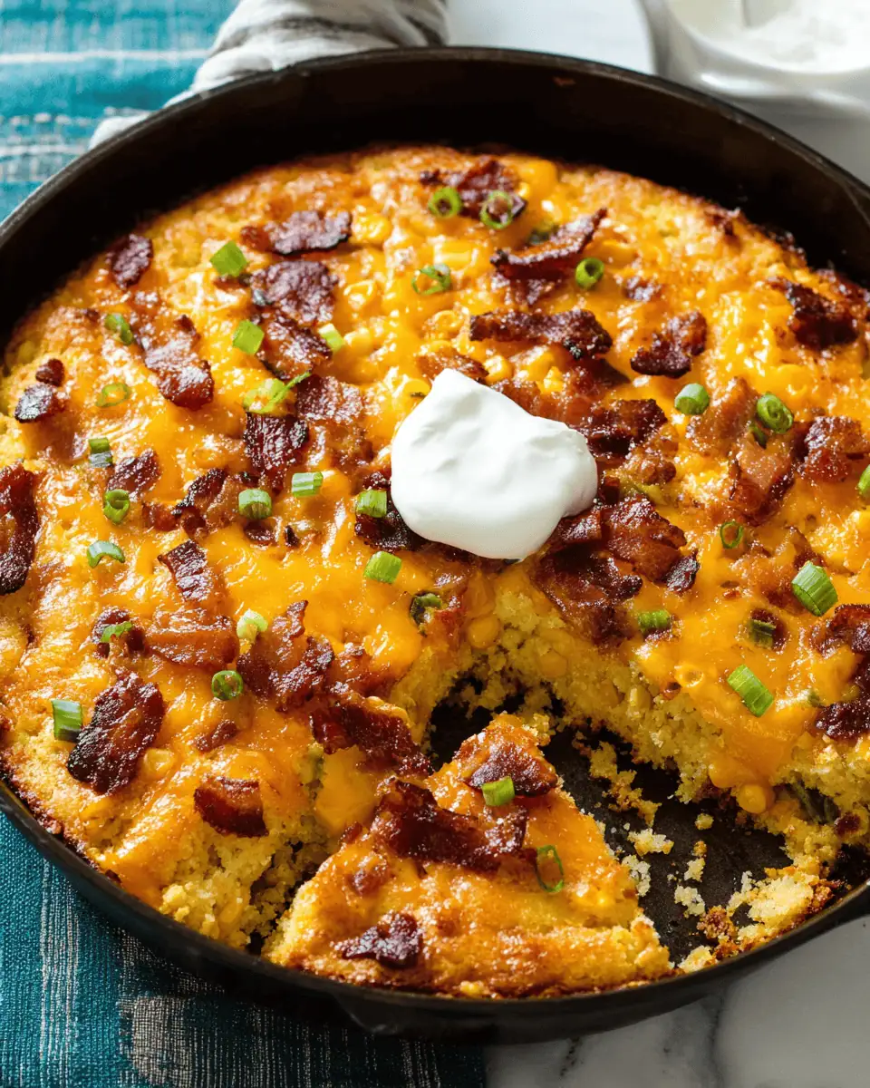 A square slice of loaded cornbread casserole on a white plate, showing the moist, yellow crumb with bacon and green chilies.