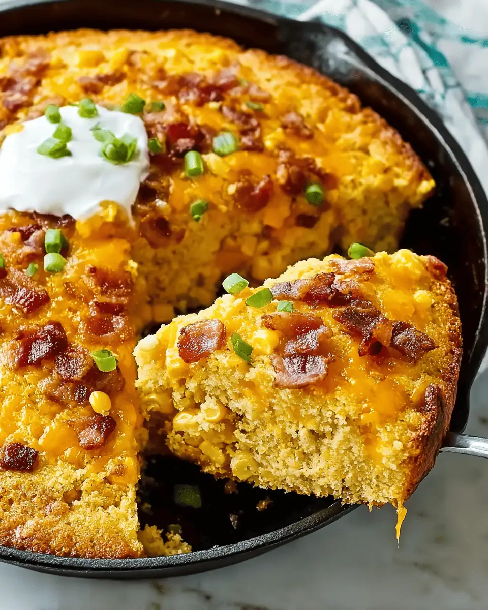 A 9x9 glass baking dish of golden-brown, cheesy loaded cornbread casserole, fresh from the oven.