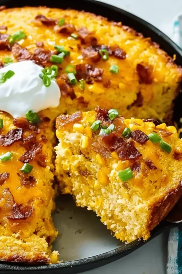 A cast-iron skillet of baked cornbread casserole, topped with melted cheddar cheese and sliced green onions.