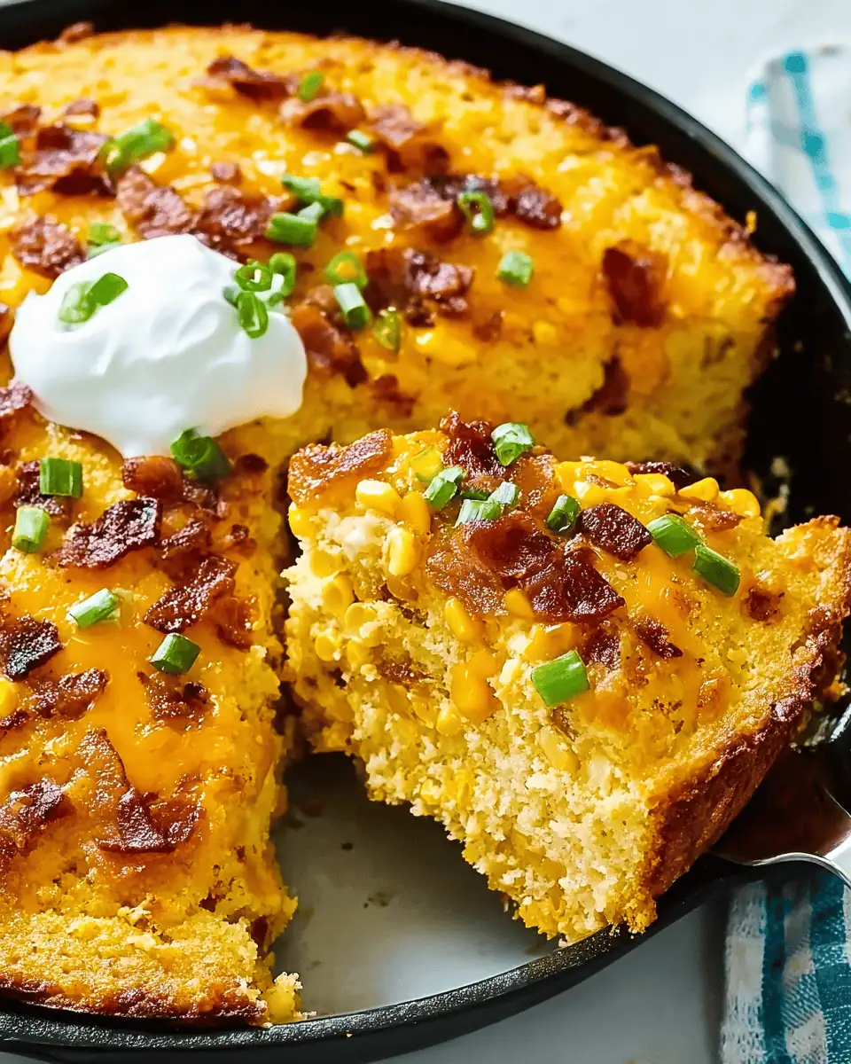 A cast-iron skillet of baked cornbread casserole, topped with melted cheddar cheese and sliced green onions.