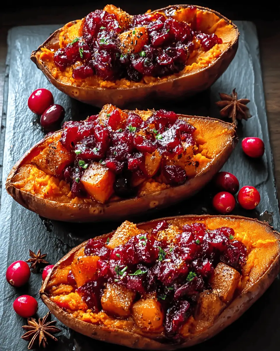 Cranberry Apple Twice-Baked Sweet Potatoes (The Perfect Fall Side!) 1 A close-up of a single twice-baked sweet potato, showing the creamy filling and juicy cranberry topping.