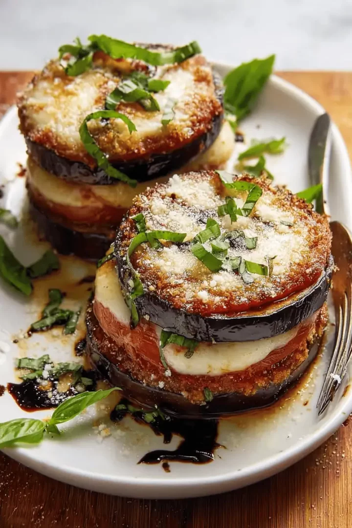 Easy Eggplant Napoleon with Tomato, Mozzarella & Basil 34 A fork cutting into a cheesy, tender slice of the Eggplant Napoleon stack.