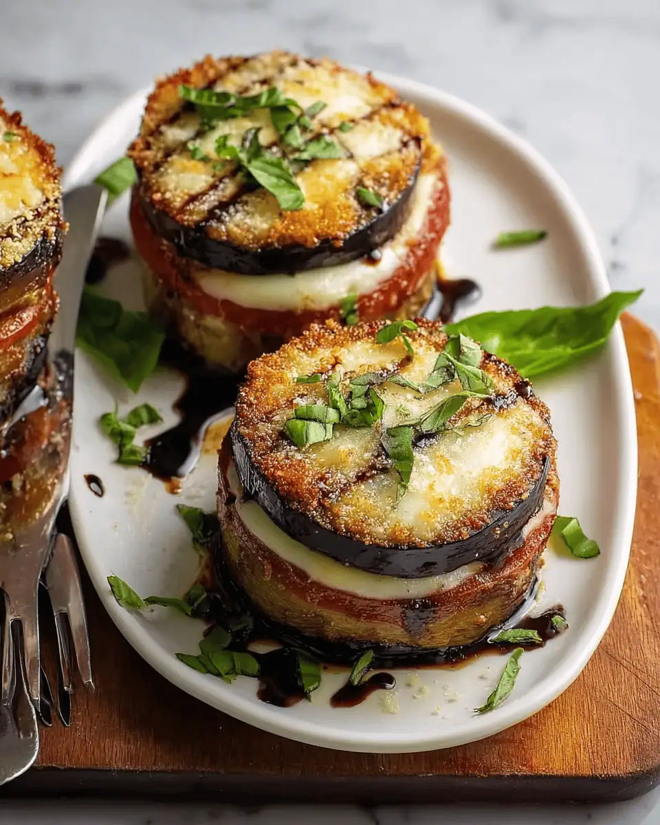 Easy Eggplant Napoleon with Tomato, Mozzarella & Basil 1 An overhead shot of a single Eggplant Napoleon, showing the golden, bubbly cheese top.