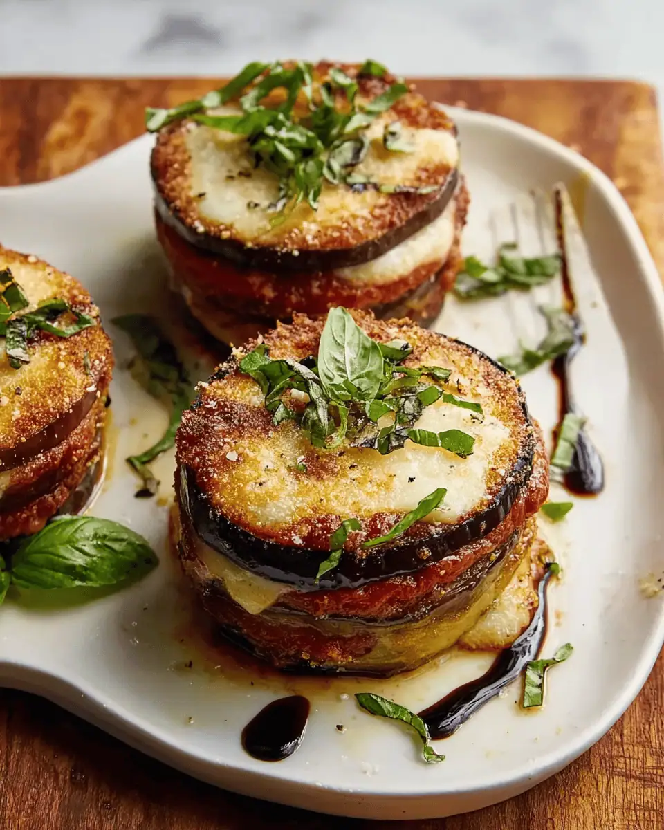 Easy Eggplant Napoleon with Tomato, Mozzarella & Basil 2 A platter of several Eggplant Napoleon stacks, garnished with fresh basil and a drizzle of balsamic glaze.