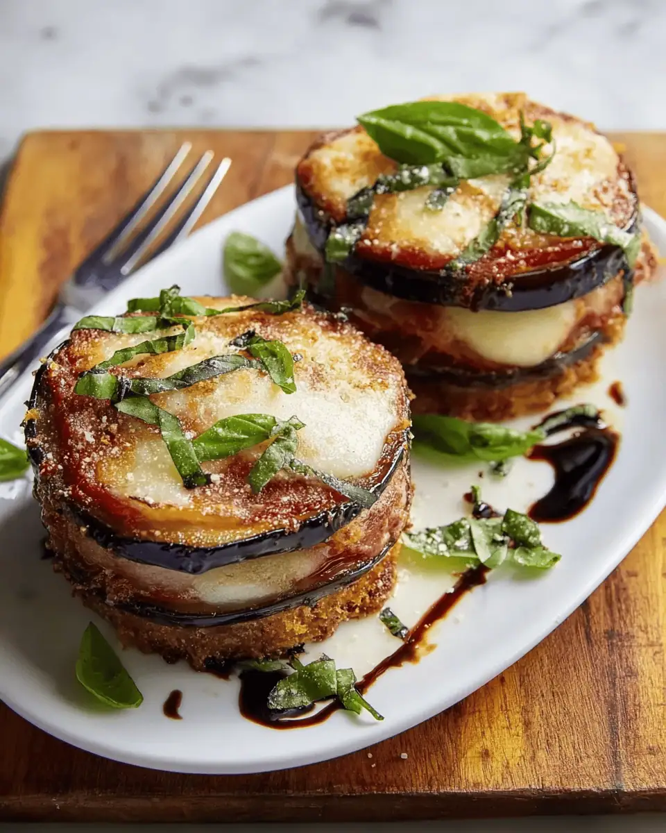 Easy Eggplant Napoleon with Tomato, Mozzarella & Basil 3 A tall, beautiful stack of Eggplant Napoleon on a white plate, showing the melted mozzarella and tomato sauce.