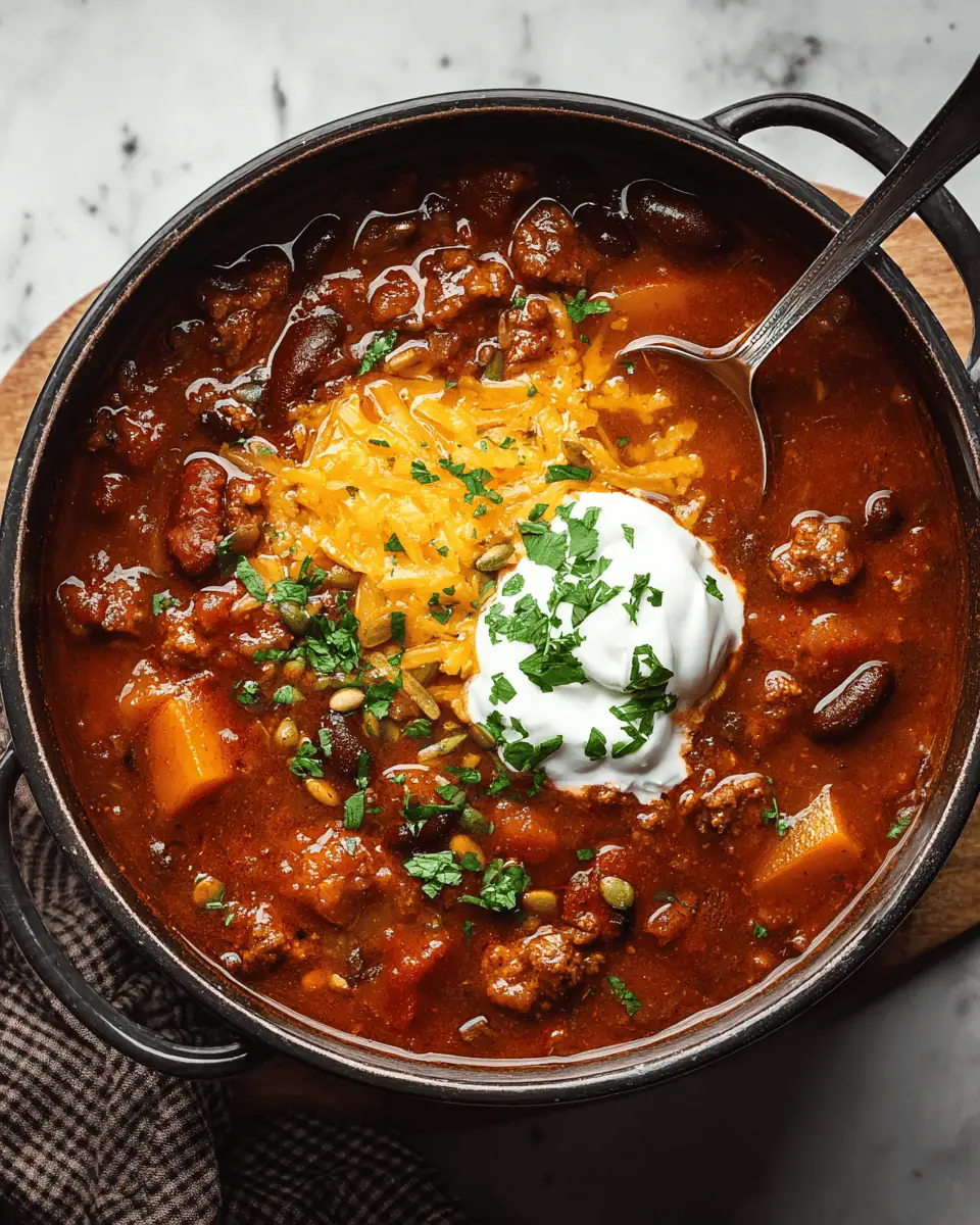 Easy One-Pot Pumpkin Chili (with Spicy Sausage!) 1 A white bowl of pumpkin chili, generously topped with sour cream, shredded cheddar cheese, and avocado.