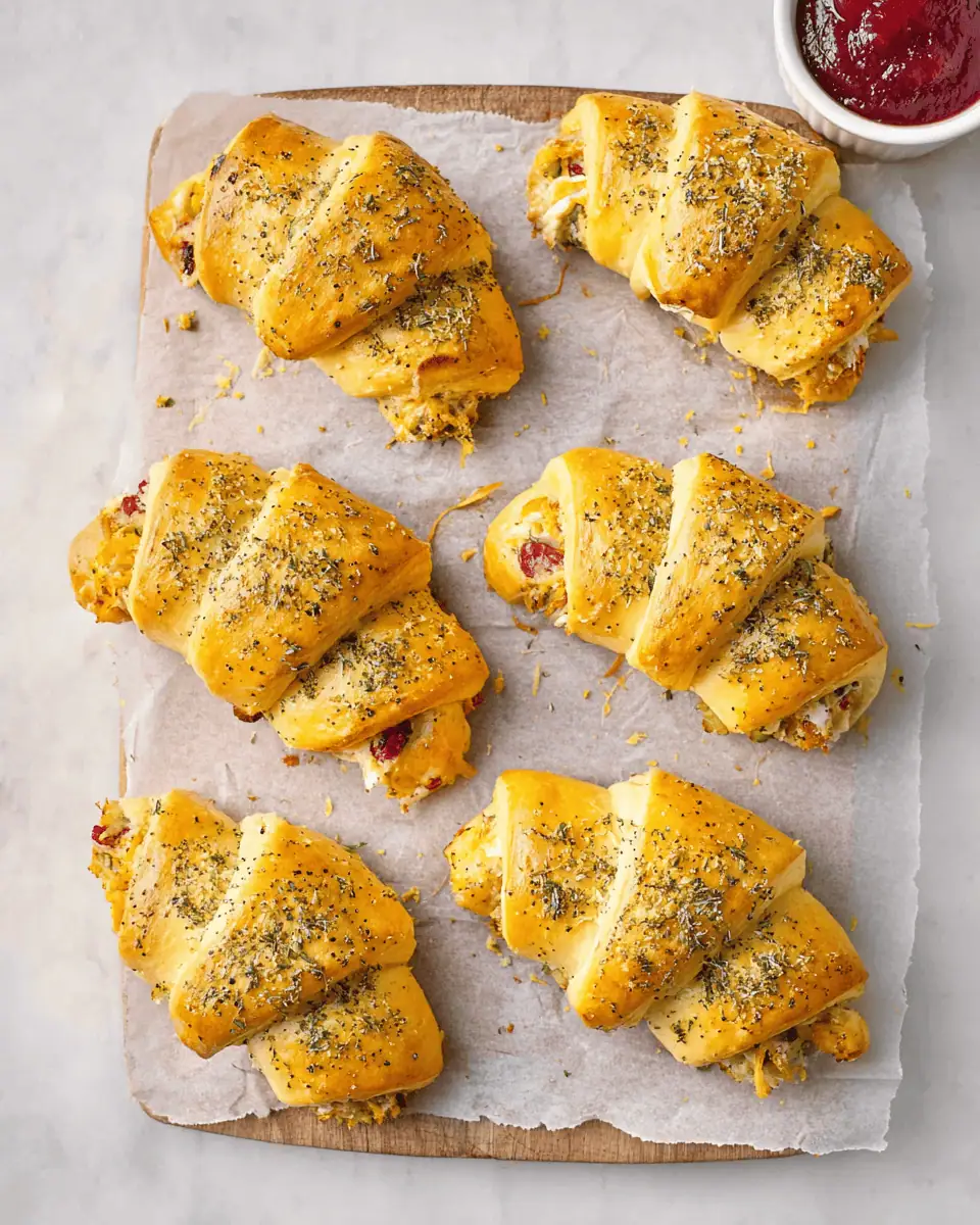 Thanksgiving Leftover Crescent Rolls (The Best 25-Minute Hack!) 2 An overhead shot of the crescent rolls on a parchment-lined baking sheet, brushed with butter and seeds.