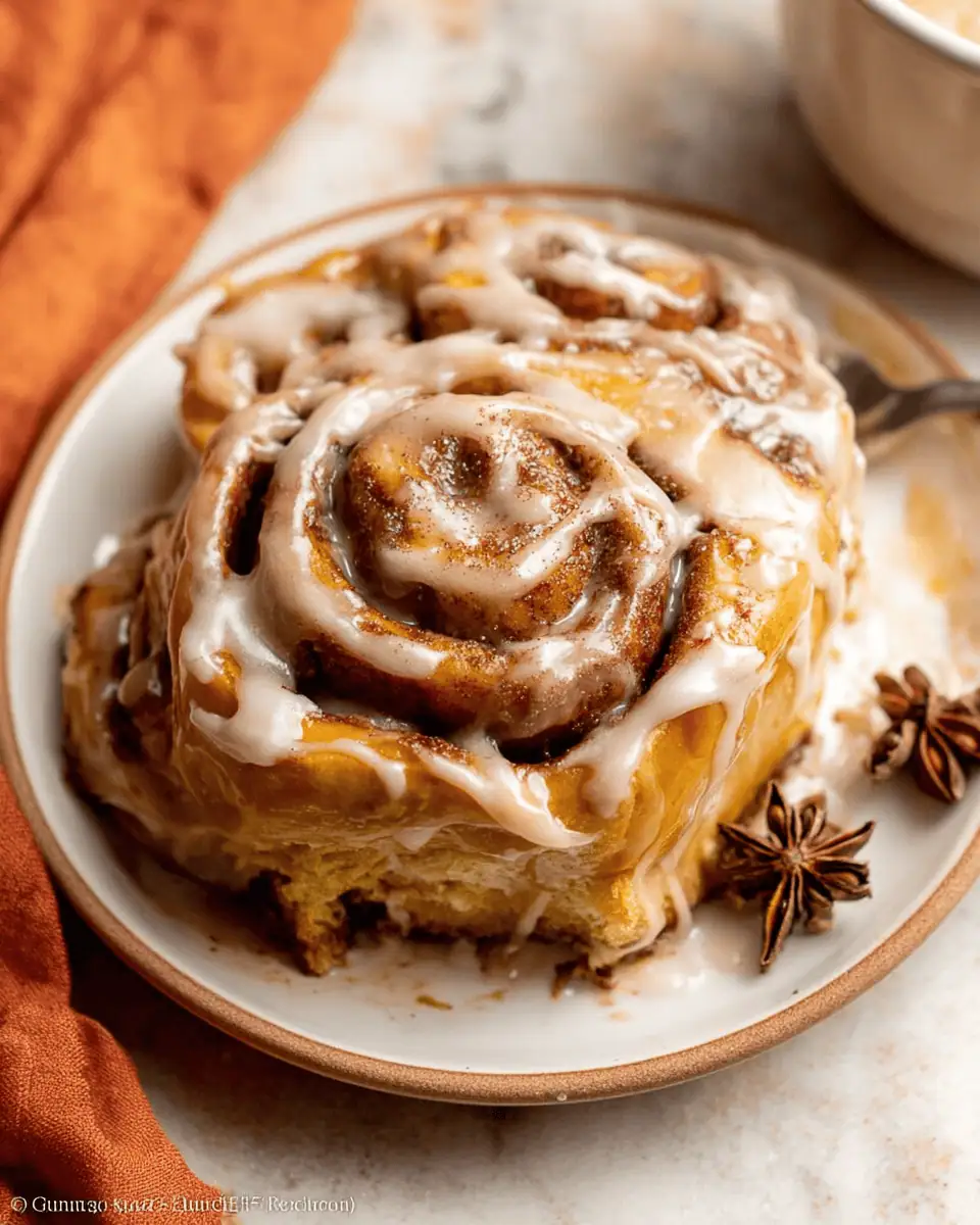 A 9x13 pan of golden-brown, baked pumpkin cinnamon rolls, generously frosted with cream cheese icing.