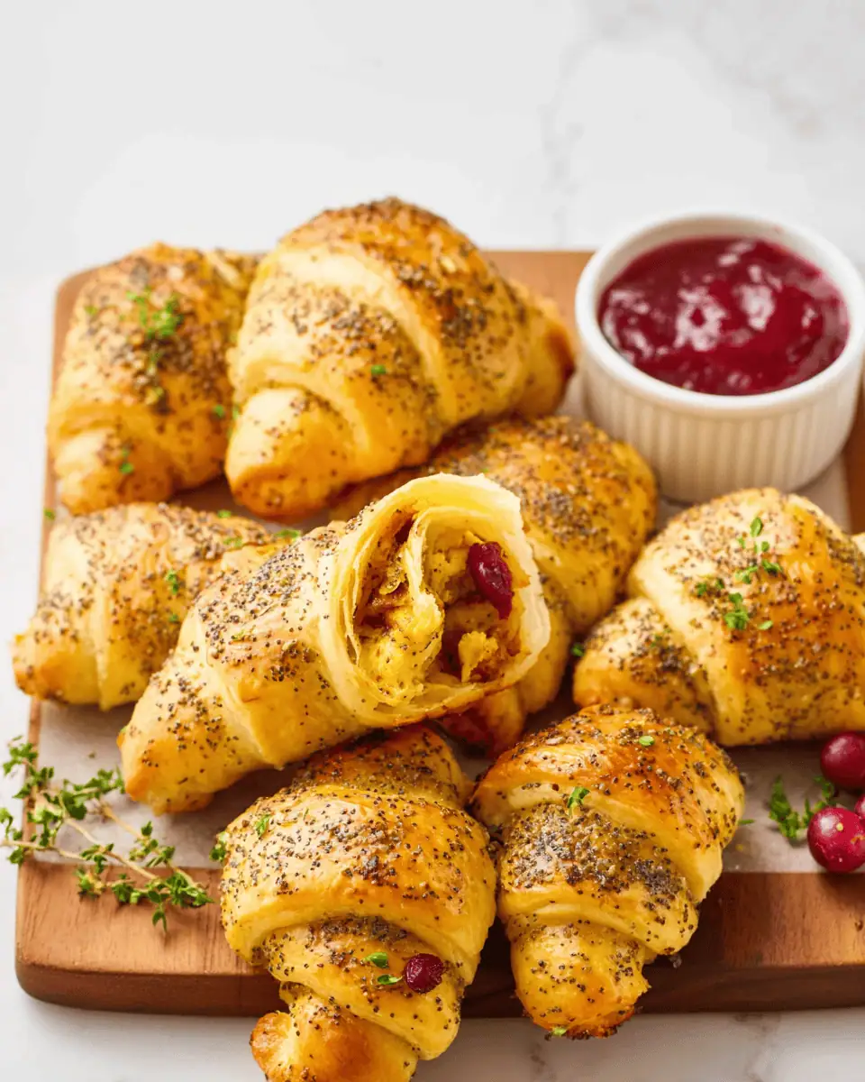 Thanksgiving Leftover Crescent Rolls (The Best 25-Minute Hack!) 3 A close-up of a single crescent roll, showing the flaky crust and the turkey and stuffing filling peeking out.