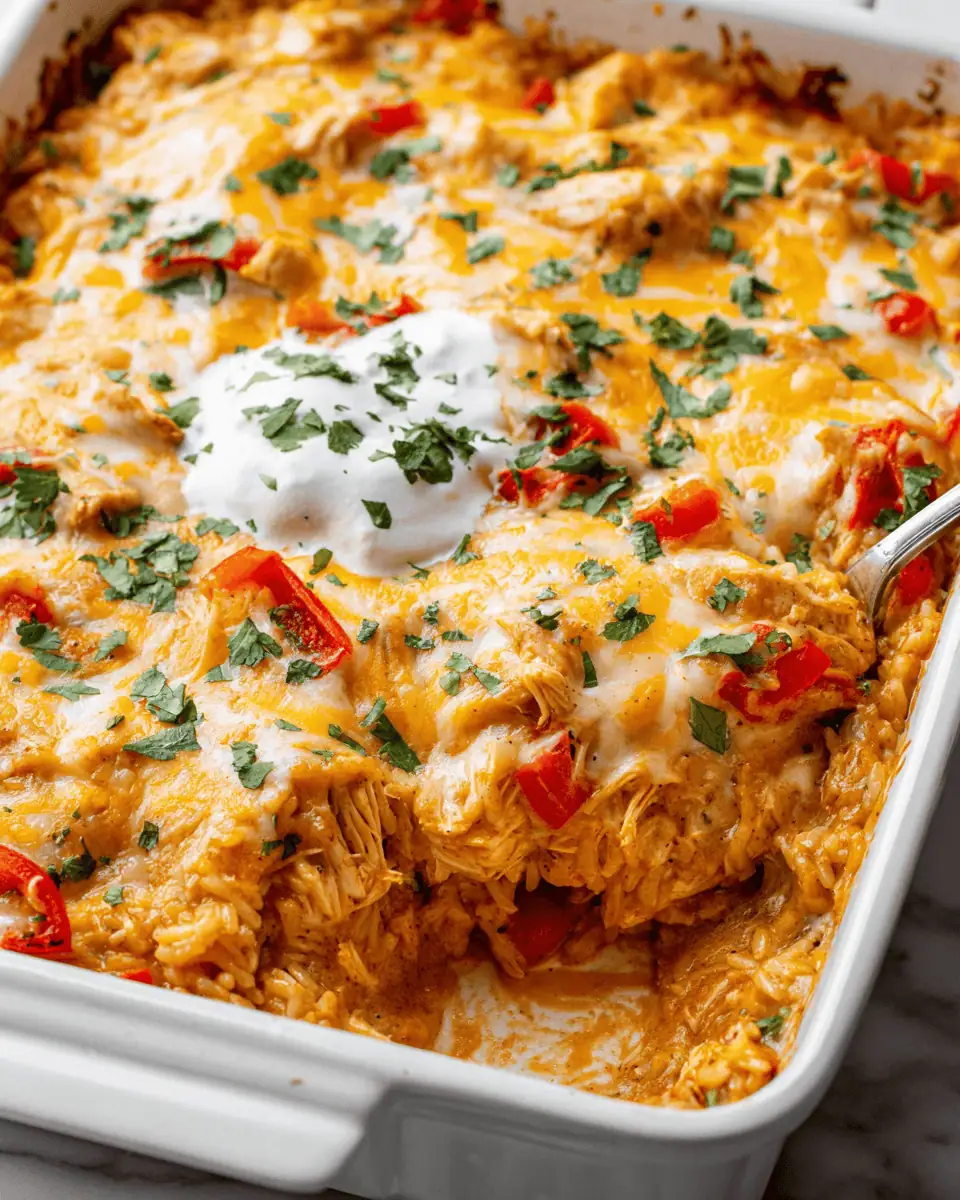 Easy, Creamy Chicken Fajita Casserole (Dump-and-Bake!) 1 A serving spoon scooping a large, cheesy portion of chicken fajita casserole from the baking dish.