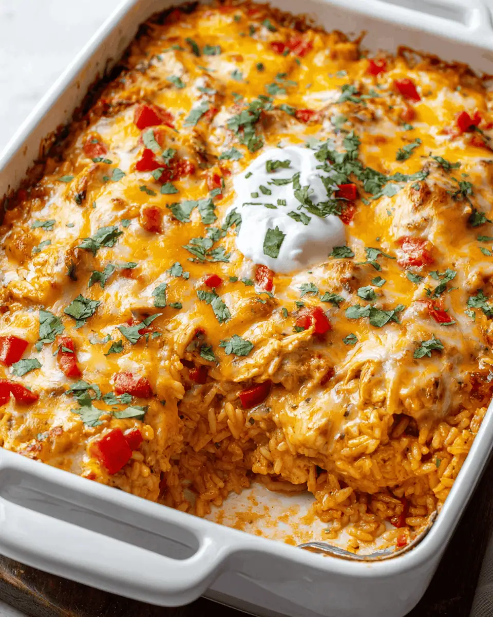Easy, Creamy Chicken Fajita Casserole (Dump-and-Bake!) 2 An overhead shot of the baked chicken fajita casserole, topped with melted Mexican cheese blend and fresh cilantro.