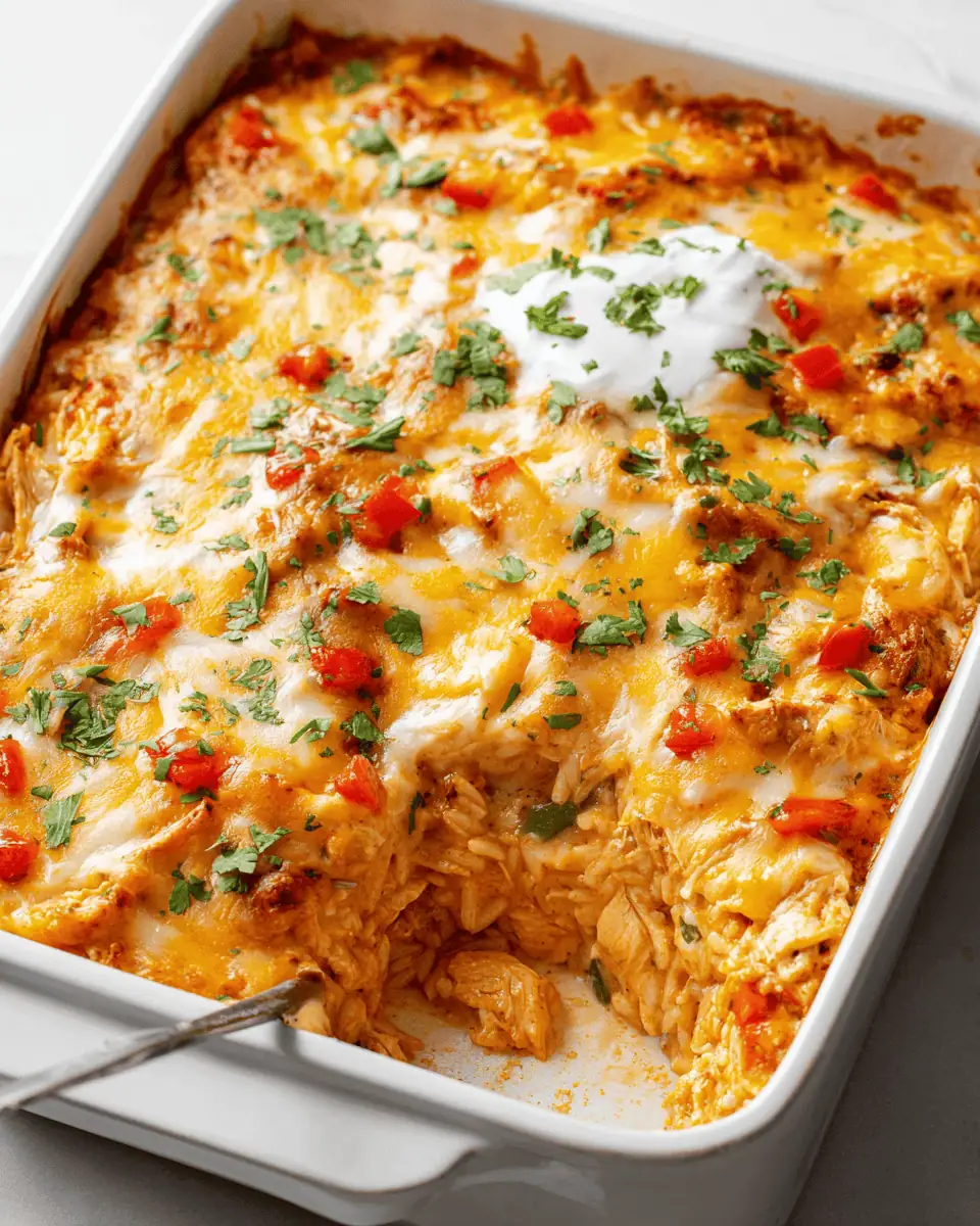 Easy, Creamy Chicken Fajita Casserole (Dump-and-Bake!) 3 A square slice of creamy chicken fajita casserole on a white plate, showing the rice, chicken, and melted cheese.