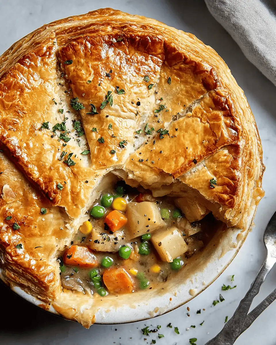 Easy Traditional Vegetable Pot Pie (with Flaky Puff Pastry) 1 An overhead shot of the fully baked vegetable pot pie, garnished with fresh parsley.