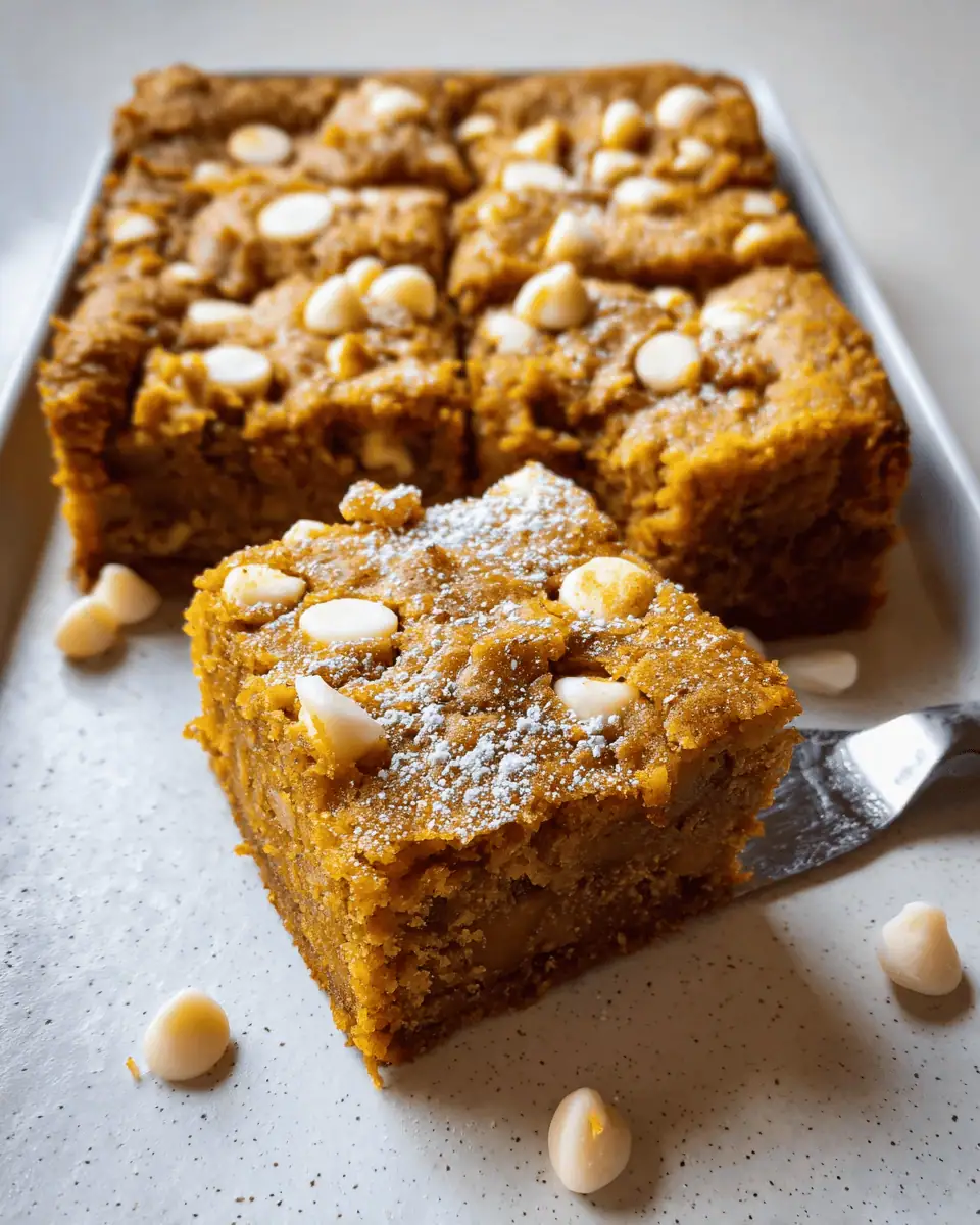 A single, chewy pumpkin blondie square on a white plate, showing the moist interior.