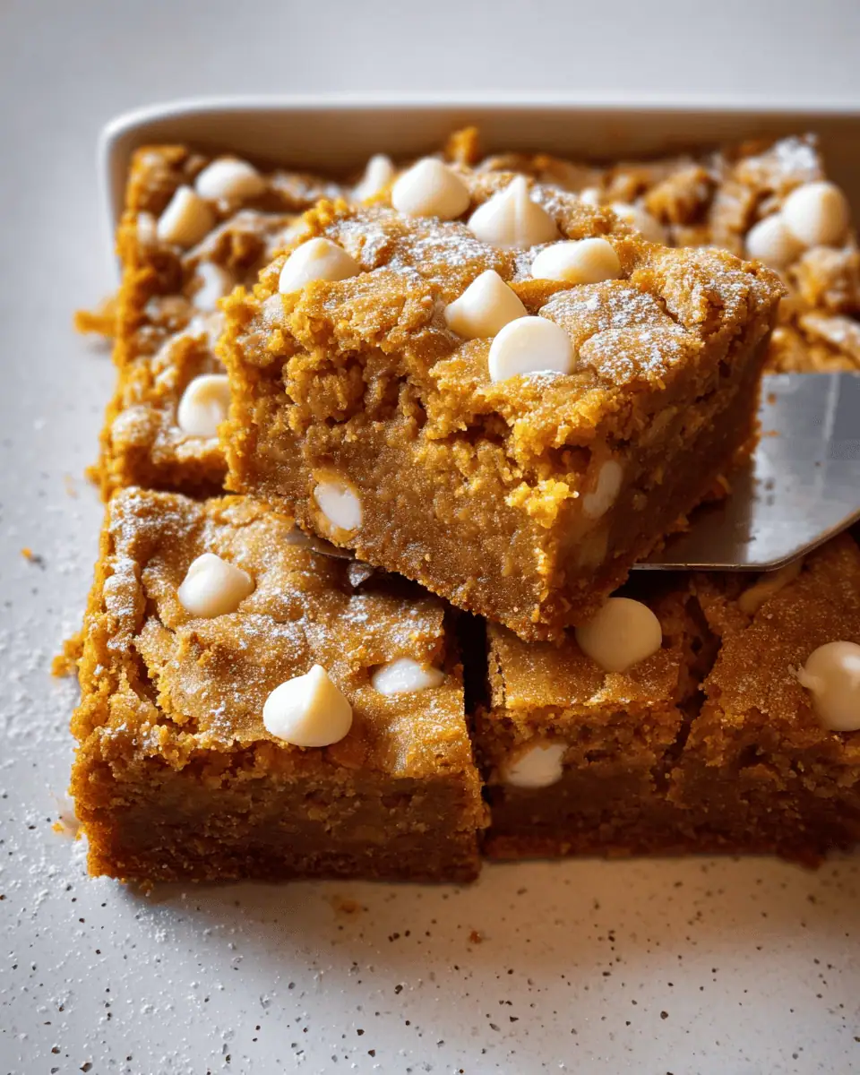 A golden-brown, 8x8 pan of baked pumpkin blondies, cut into squares.
