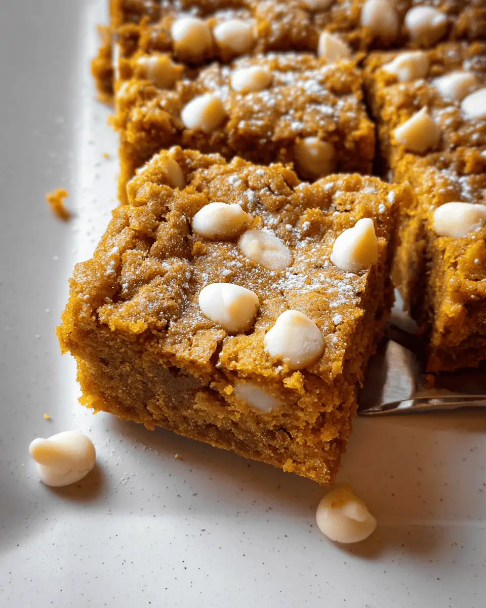 An overhead shot of the baked pumpkin blondies in the pan, showing the crackly top.