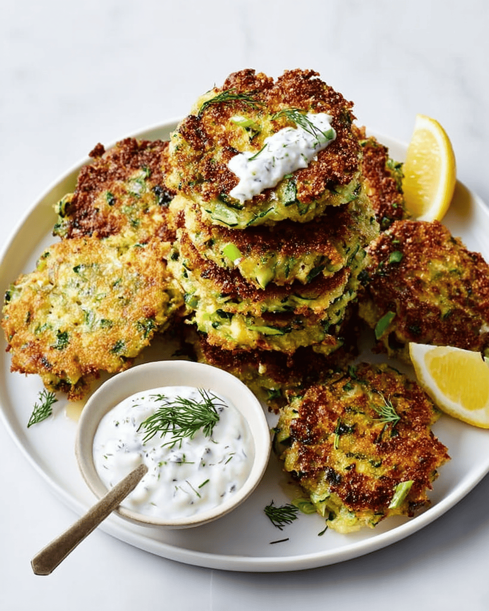Crispy Zucchini Fritters (Easy Panko Recipe!) 1 A hand dipping a crispy zucchini fritter into a white bowl of creamy dill sauce.