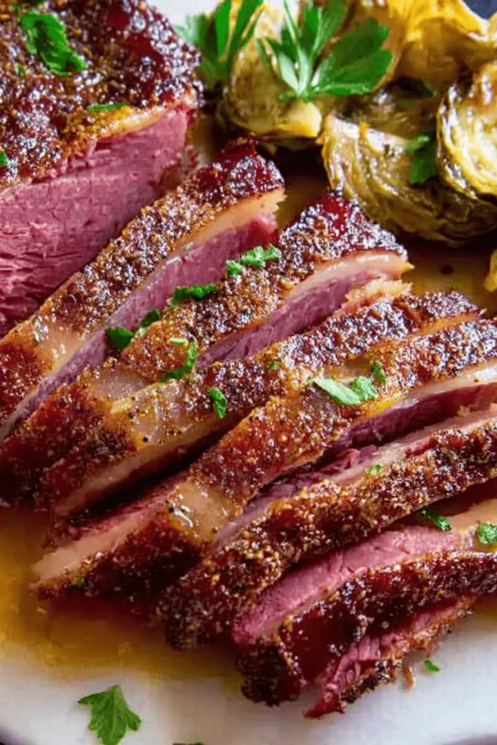 The Best Crispy Slow Cooker Corned Beef (Easy Holiday Main!) 7 A whole, crispy, dark-caramelized slow cooker corned beef on a cutting board, ready to be sliced.