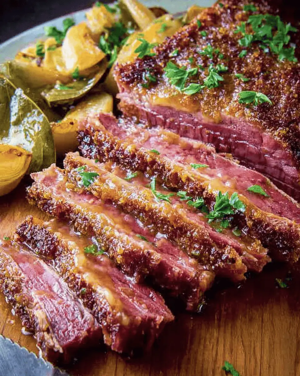 A close-up of a thick, juicy slice of corned beef, showing the tender meat and the dark, crackly crust.